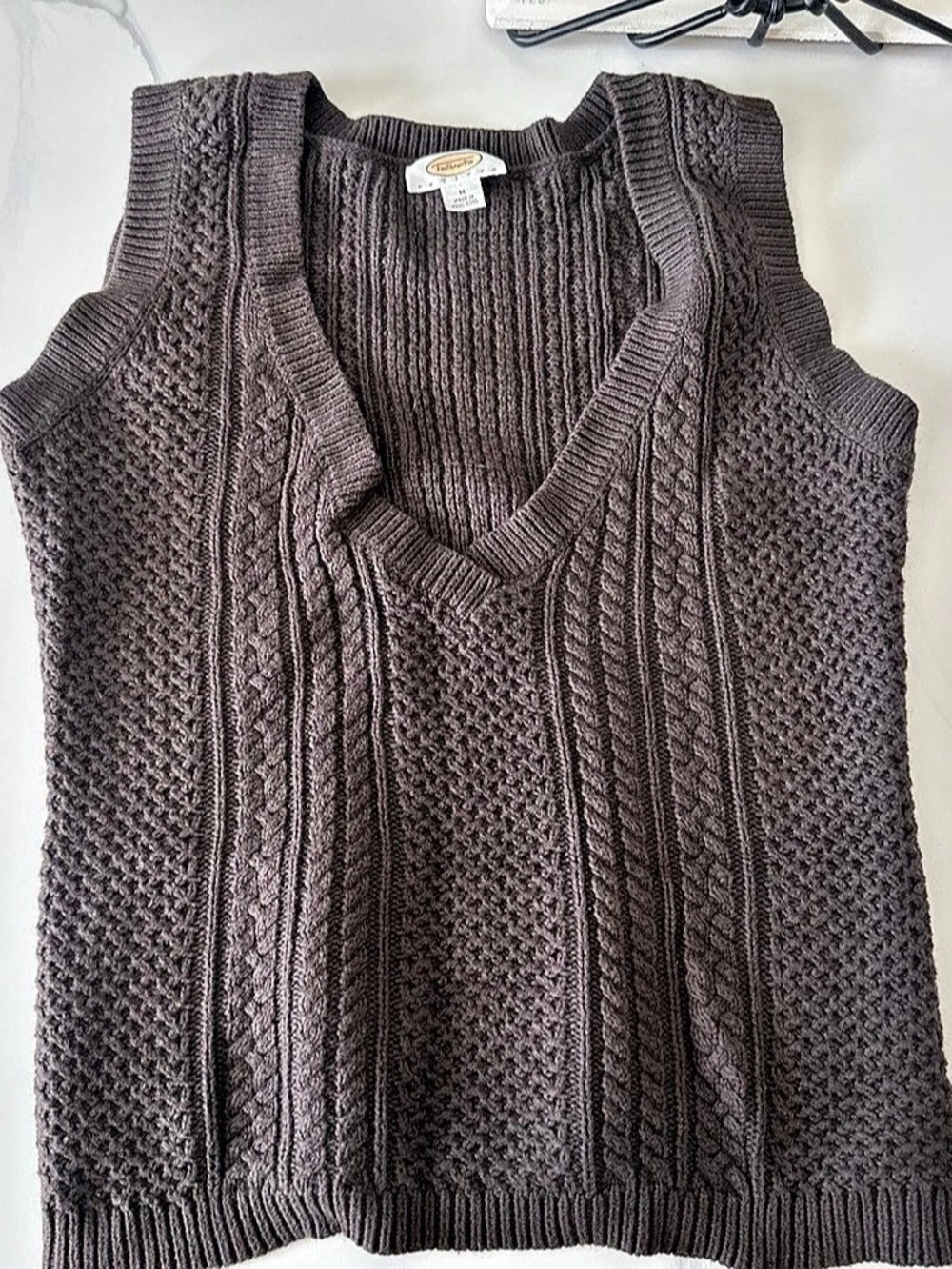 Talbots petite Brown Cable Knit V-Neck Sweater Vest Size Medium